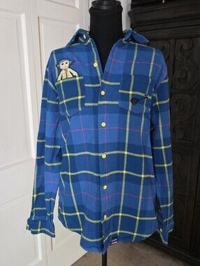 Coraline x Cakeworthy Plaid Button Down Shirt M Blue Flannel